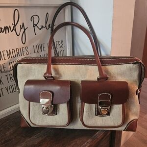 Dooney & Bourke Double Pocket Bag Tan Signature Melange Fabric Purse
